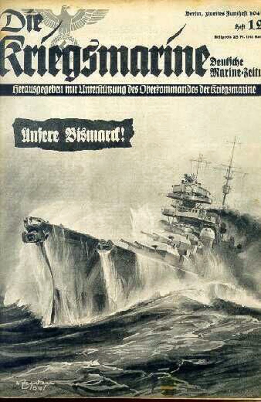 Portada de la revista Die Kriegsmarine, mostrando una épica imagen del acorazado Bismarck