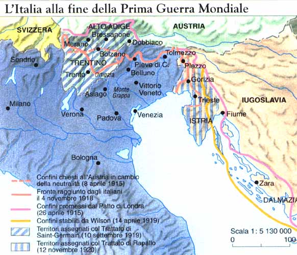 Si bien los rayados muestran los territorios obtenidos por Italia tras la guerra, también sirven para indicarnos las aspiraciones de esta antes del conflicto.