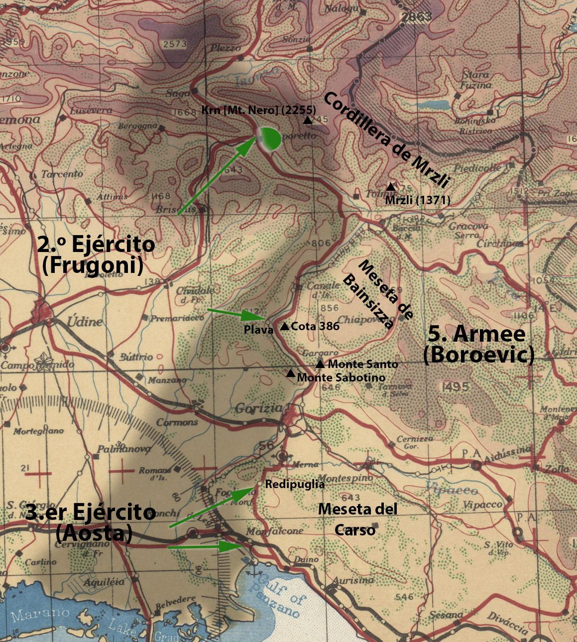 Ejércitos, ejes de avance y localidades fundamentales de esta fase de la batalla.